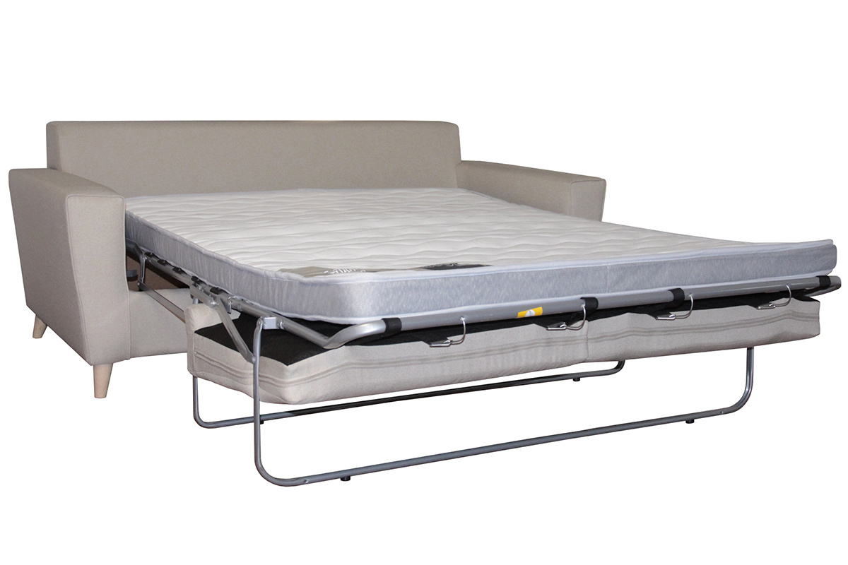 Canap� convertible 3 places en tissu lin naturel et bois clair avec matelas 9 cm BEAUBOURG