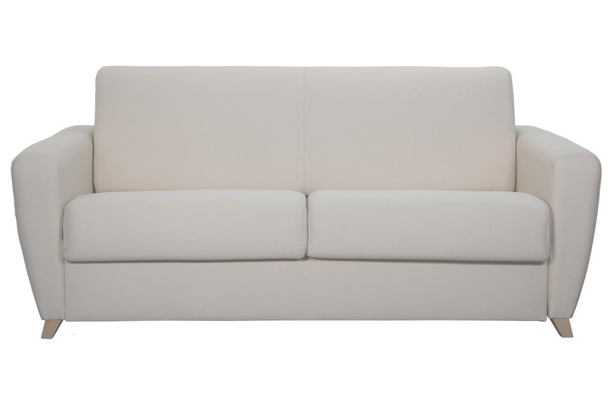 Canap� convertible 3 places en tissu naturel et bois clair avec matelas L140 cm 12 cm GRAHAM