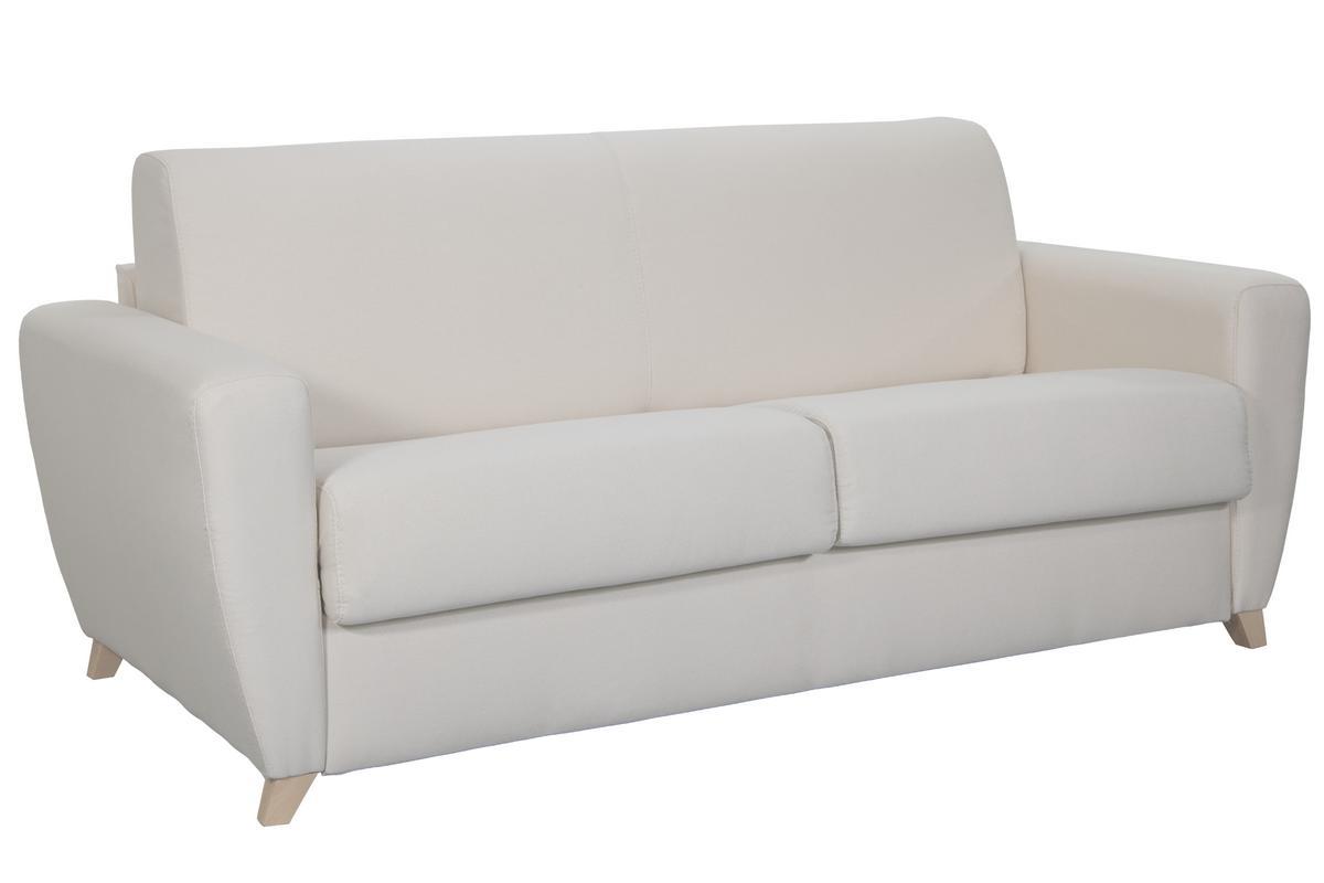 Canap� convertible 3 places en tissu naturel et bois clair avec matelas L140 cm 12 cm GRAHAM