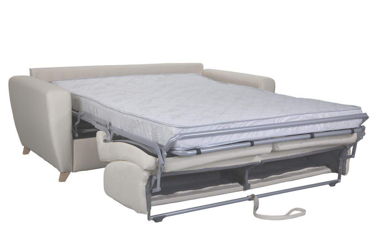 Canap� convertible 3 places en tissu naturel et bois clair avec matelas L140 cm 12 cm GRAHAM