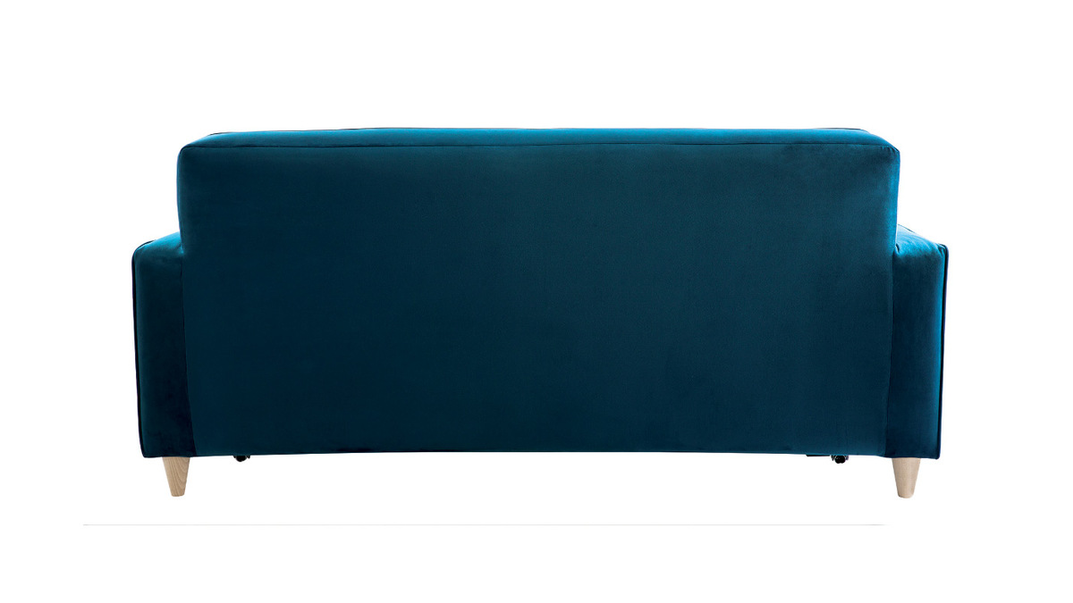 Canapé convertible 3 places en tissu velours bleu paon et bois clair avec matelas 9 cm CIGALE