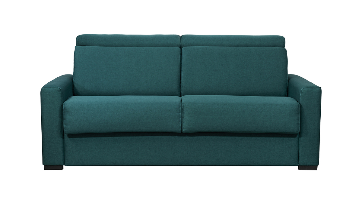 Canapé convertible avec têtières ajustables 3 places en tissu bleu canard avec matelas 18 cm NORO