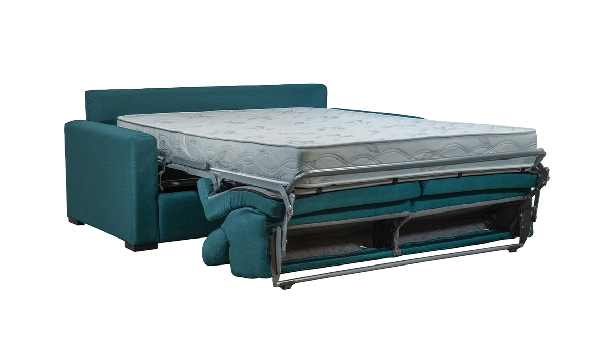 Canapé convertible avec têtières ajustables 3 places en tissu bleu canard avec matelas 18 cm NORO