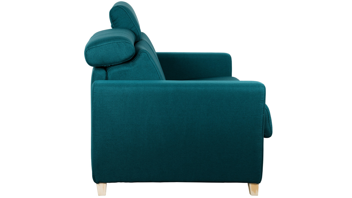 Canapé convertible avec têtières ajustables 3 places en tissu bleu paon et bois clair avec matelas 12 cm GOYA