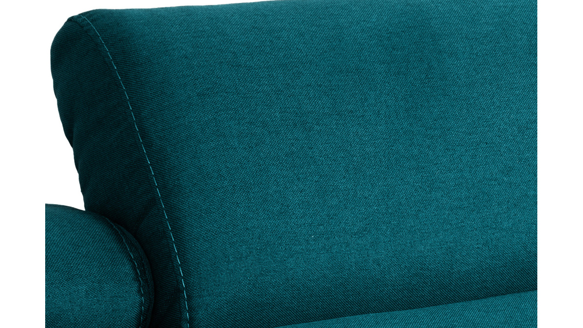 Canapé convertible avec têtières ajustables 3 places en tissu bleu paon et bois clair avec matelas 12 cm GOYA