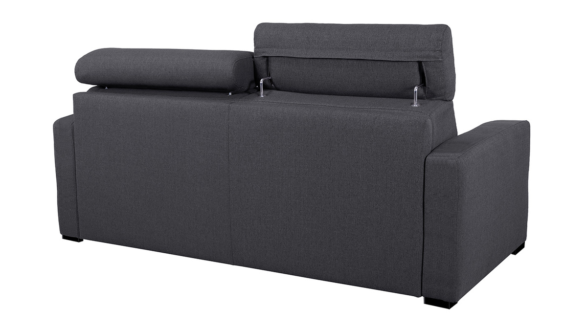 Canapé convertible avec têtières ajustables 3 places en tissu effet velours gris anthracite avec matelas 12 cm NORO