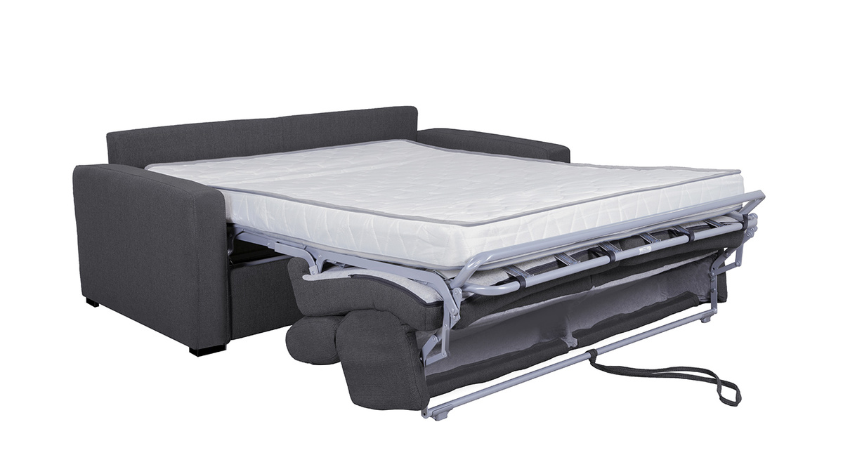 Canapé convertible avec têtières ajustables 3 places en tissu effet velours gris anthracite avec matelas 12 cm NORO