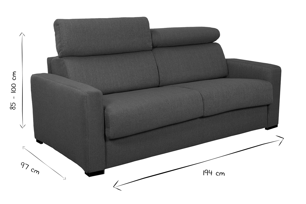 Canap� convertible avec t�ti�res ajustables 3 places en tissu effet velours gris anthracite avec matelas 12 cm NORO