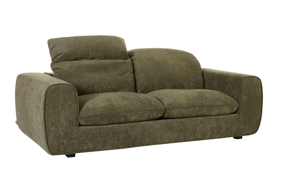 Canap� convertible vert kaki avec t�ti�res ajustables, vue de 3/4.