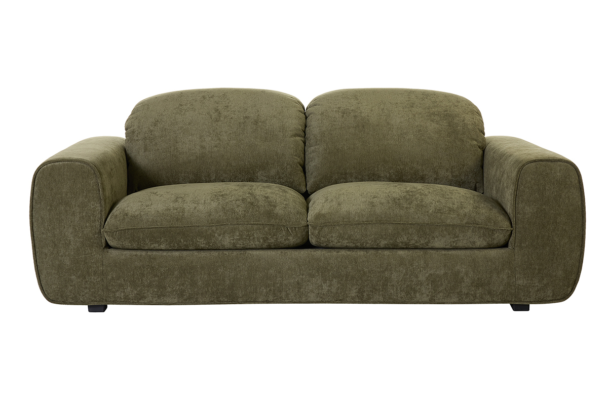 Canap� convertible vert kaki 3 places en tissu velours, vue de face.