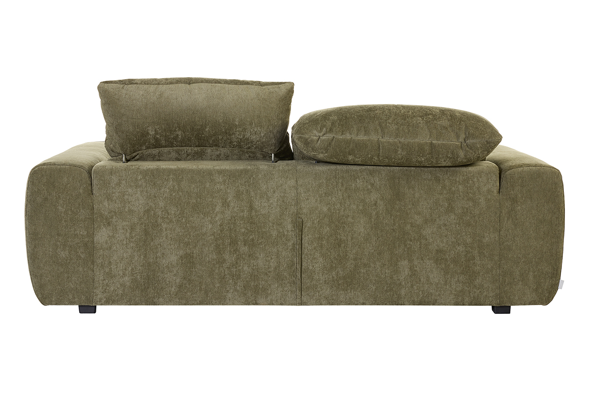 Vue de dos d'un canap� convertible 3 places en tissu vert kaki avec t�ti�res ajustables.