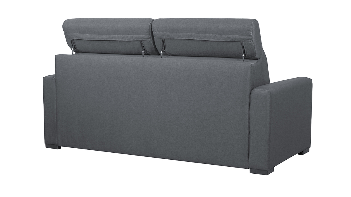Canapé convertible avec têtières ajustables 3 places en tissu gris anthracite avec matelas 18 cm NORO