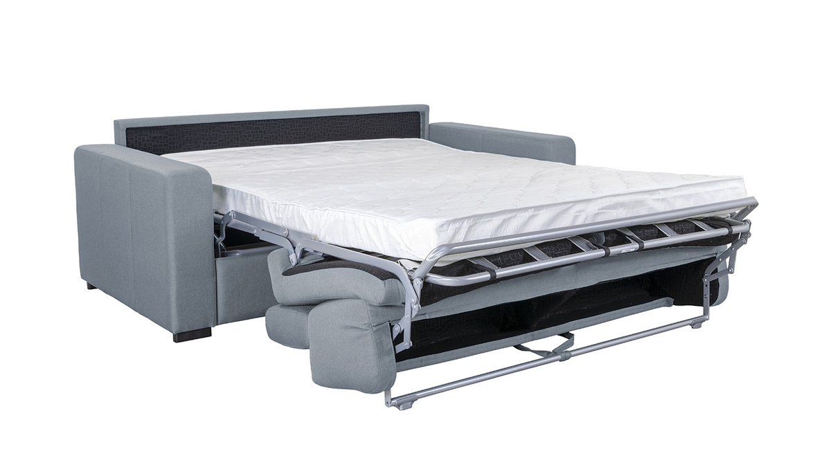 Canapé convertible avec têtières ajustables 3 places en tissu gris clair avec matelas 12 cm NORO