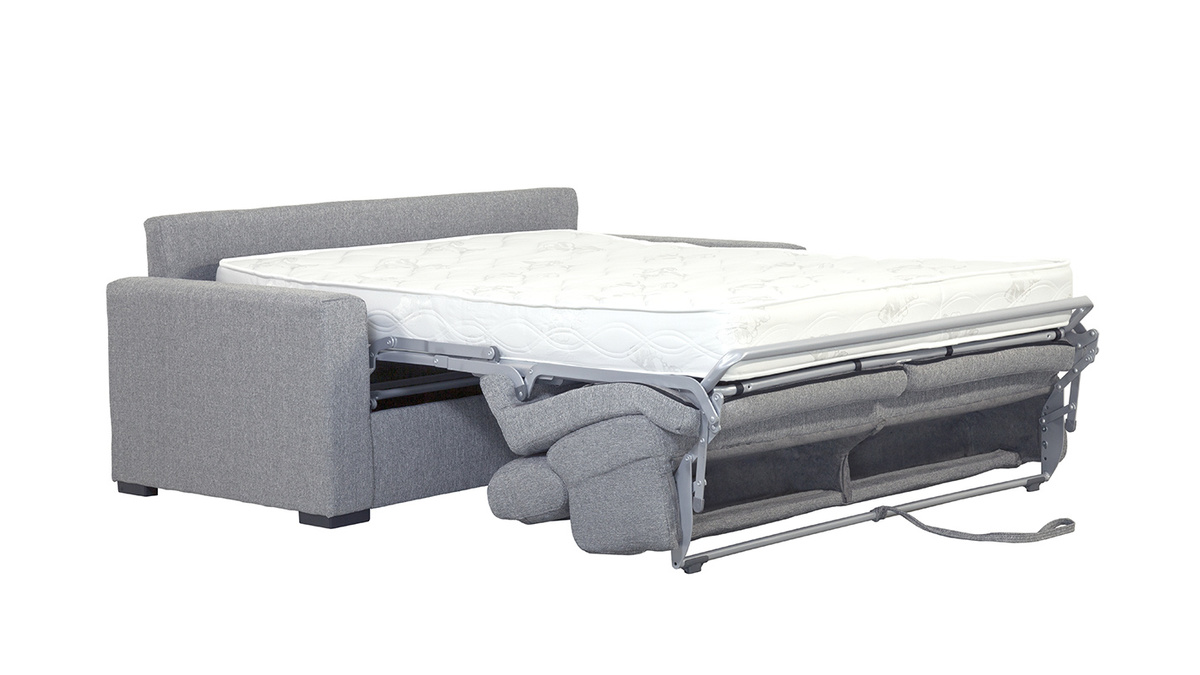 Canapé convertible avec têtières ajustables 3 places en tissu gris clair avec matelas 18 cm NORO