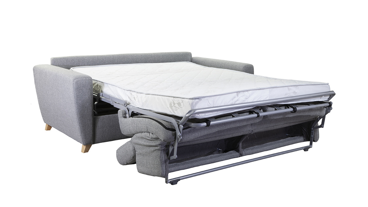 Canapé convertible avec têtières ajustables 3 places en tissu gris et bois clair avec matelas 12 cm GOYA