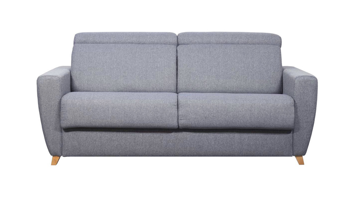 Canapé convertible avec têtières ajustables 3 places en tissu gris et bois clair et matelas 18 cm GOYA