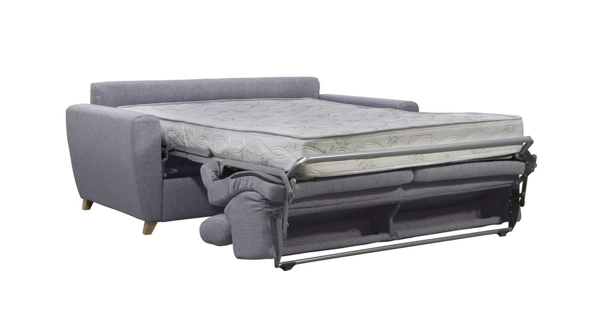 Canapé convertible avec têtières ajustables 3 places en tissu gris et bois clair et matelas 18 cm GOYA