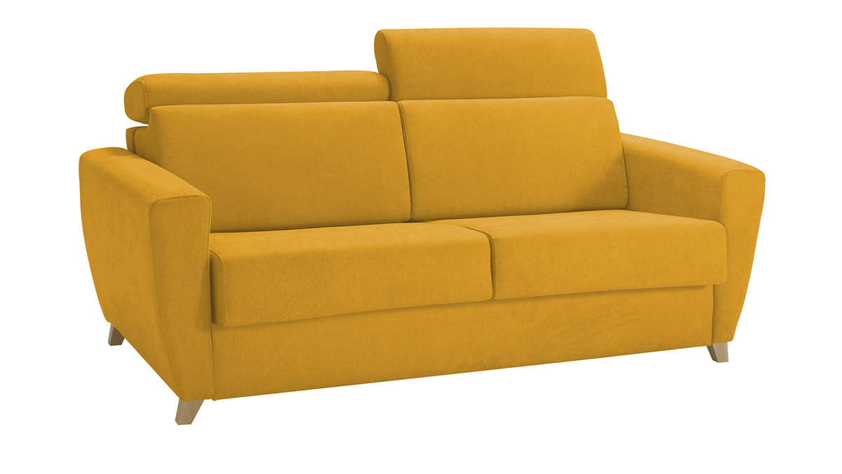 Canapé convertible avec têtières ajustables 3 places en tissu jaune avec matelas 12 cm GOYA