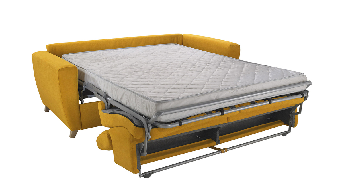 Canapé convertible avec têtières ajustables 3 places en tissu jaune avec matelas 13 cm GOYA