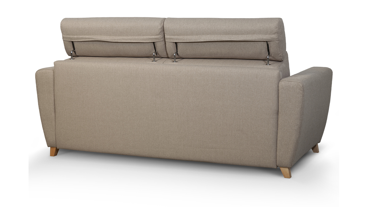 Canapé convertible avec têtières ajustables 3 places en tissu taupe et bois clair avec matelas 12 cm GOYA