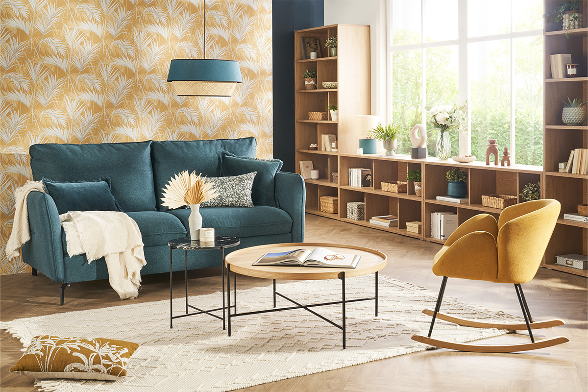 Canap� convertible design 3 places en tissu bleu canard et m�tal noir avec matelas 12 cm LIAM