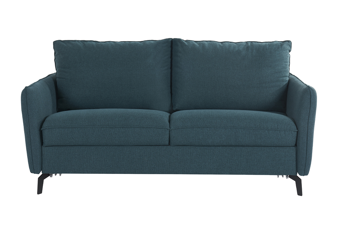 Canap� convertible design 3 places en tissu bleu canard et m�tal noir avec matelas 12 cm LIAM