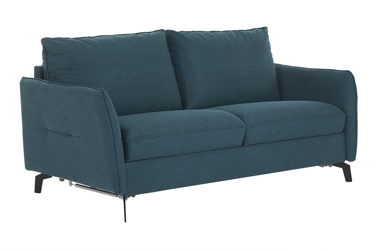 Canap� convertible design 3 places en tissu bleu canard et m�tal noir avec matelas 12 cm LIAM