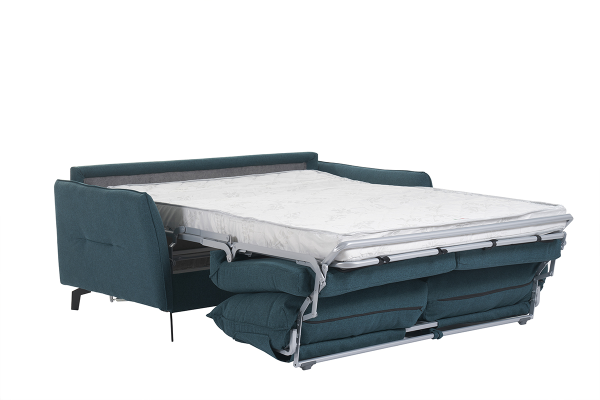Canap� convertible design 3 places en tissu bleu canard et m�tal noir avec matelas 12 cm LIAM