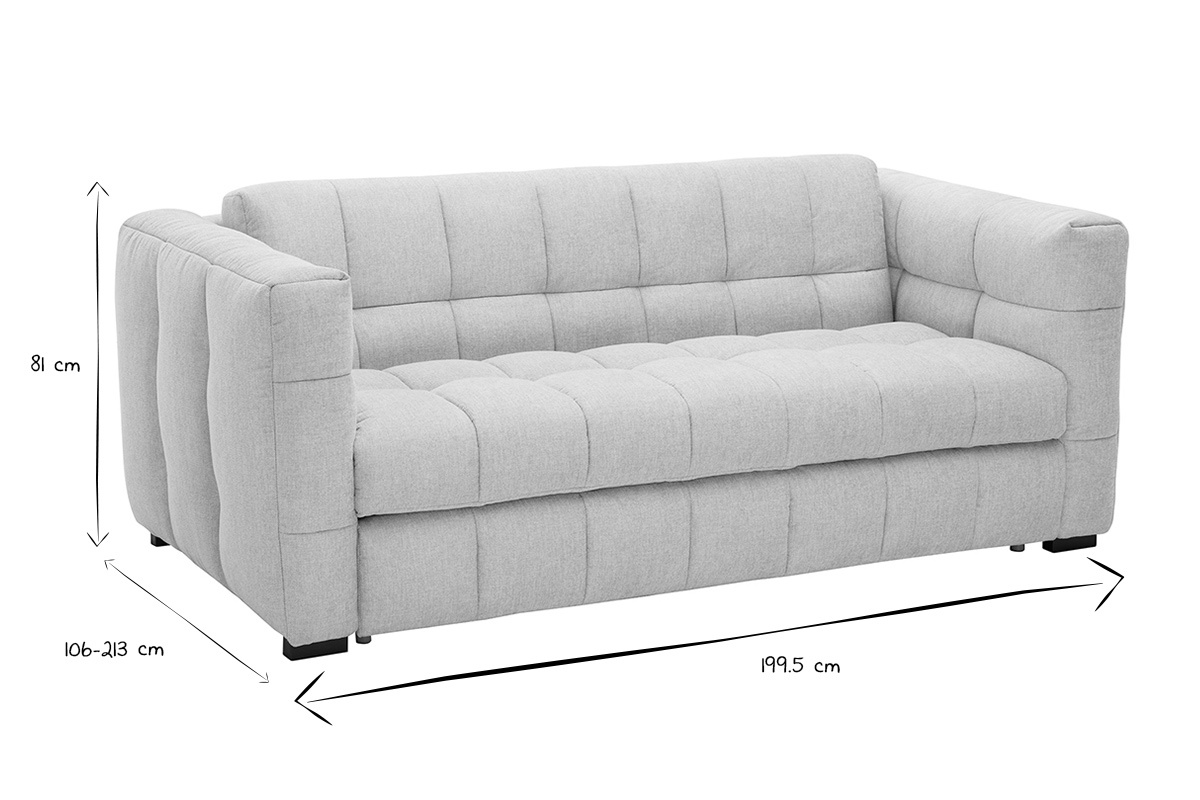 Dimensions du canap� convertible 3 places CORTO en noir et blanc, vue de trois quarts.