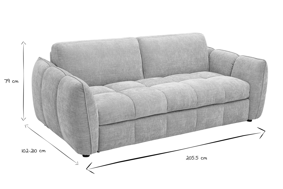 Dimensions du canap� convertible 3 places : L205,5 x P102-210 x H79 cm, en noir et blanc.