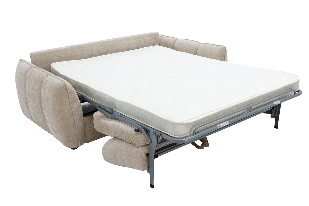 Canap� convertible design 3 places taupe, d�pli� avec matelas visible, angle lat�ral