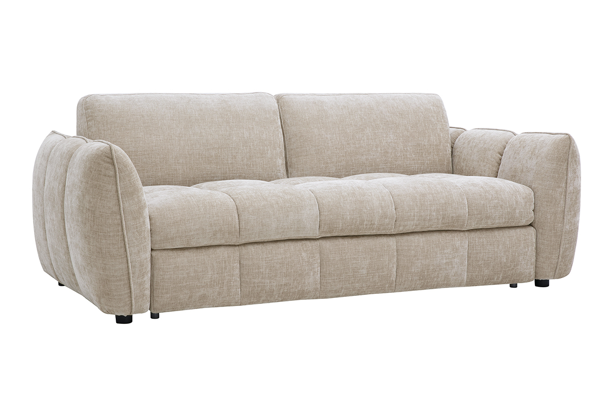 Canap� convertible 3 places en tissu effet velours textur� taupe, vue de 3/4.