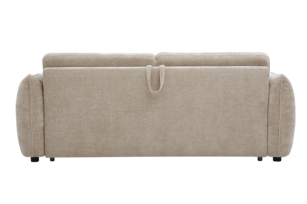 Canap� convertible 3 places taupe, vue arri�re, avec accoudoirs souples et structure discr�te.