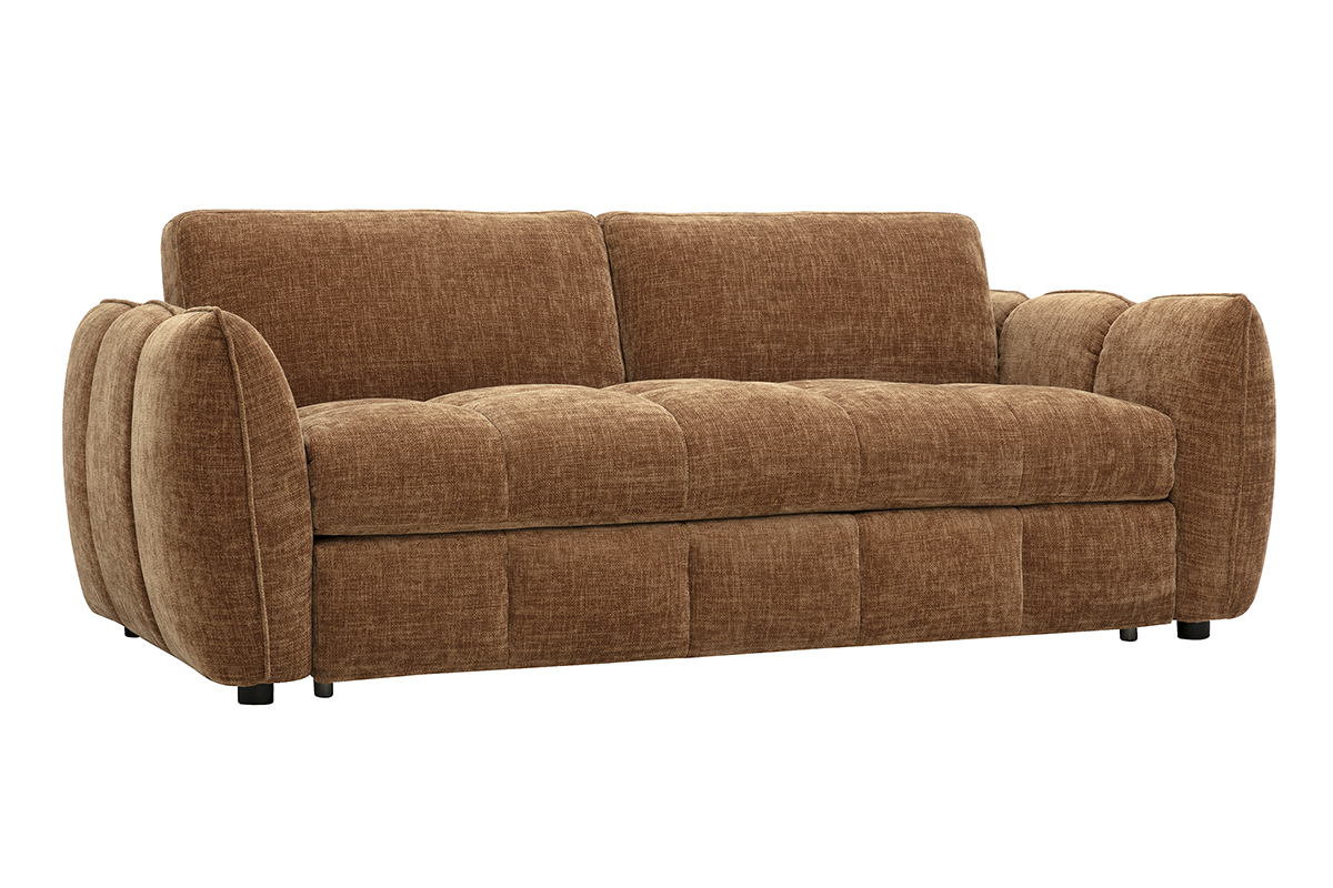 Canap� convertible design 3 places en tissu effet velours textur� terre br�l�e, vue de 3/4.