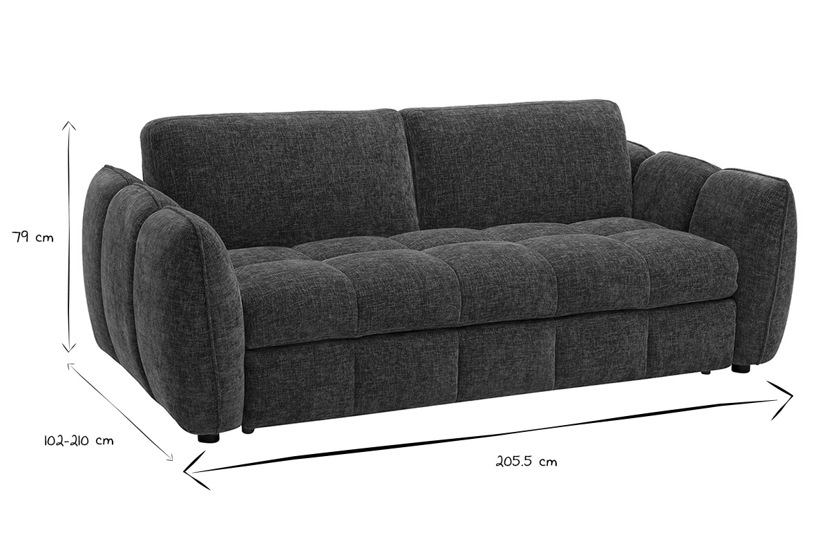 Dimensions du canap� convertible design 3 places en noir et blanc, L205,5 x P102-210 x H79 cm.