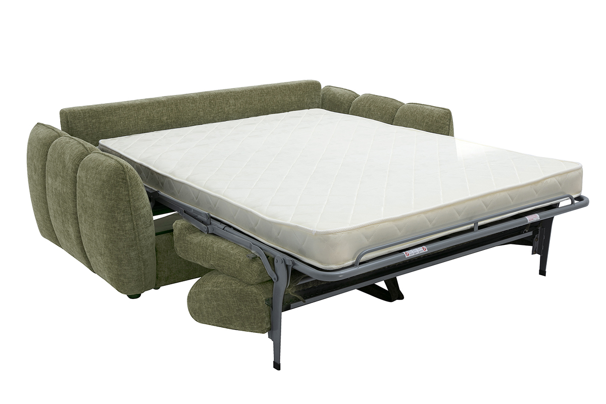Canap� convertible design 3 places en tissu effet velours textur� vert kaki, vue de c�t� avec matelas d�pli�.