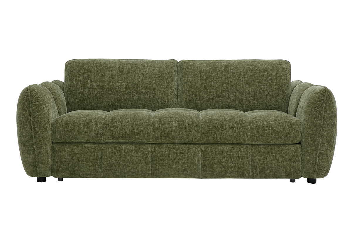 Canap� convertible design 3 places en tissu effet velours textur� vert kaki, vue de face
