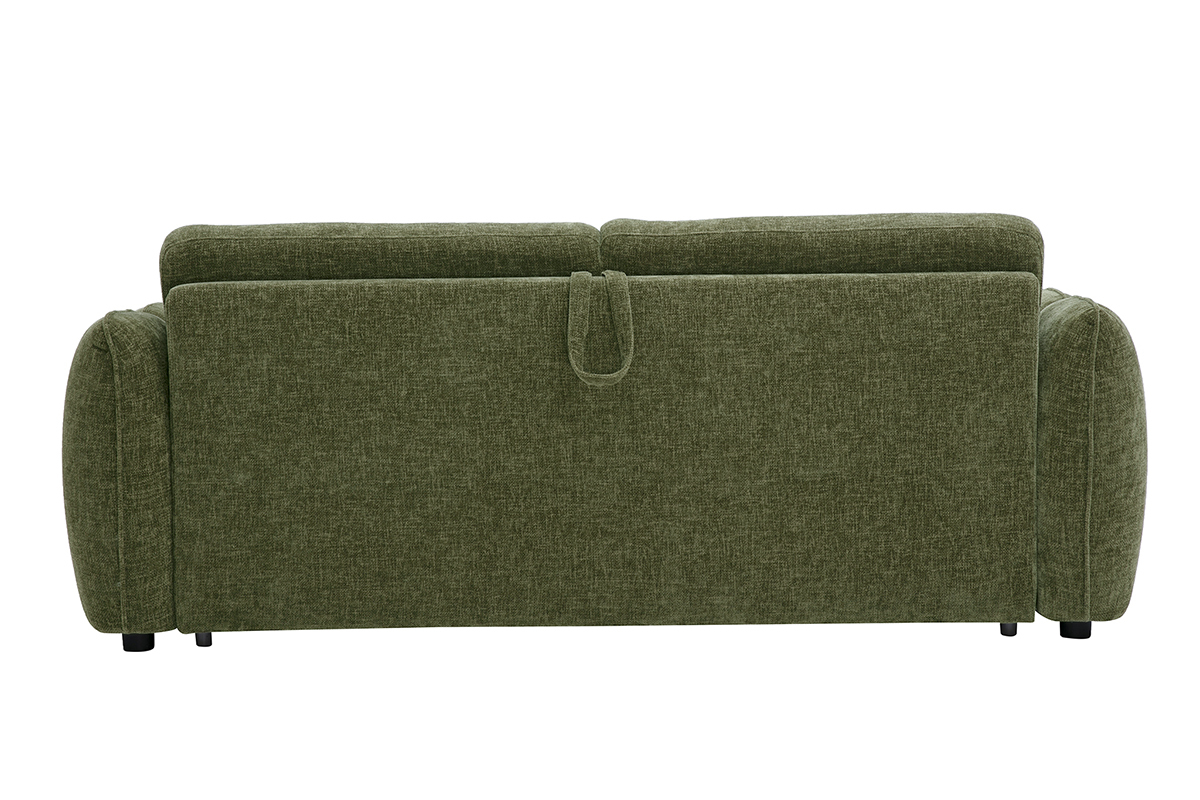 Canap� convertible design en tissu velours textur� vert kaki, vue de dos.