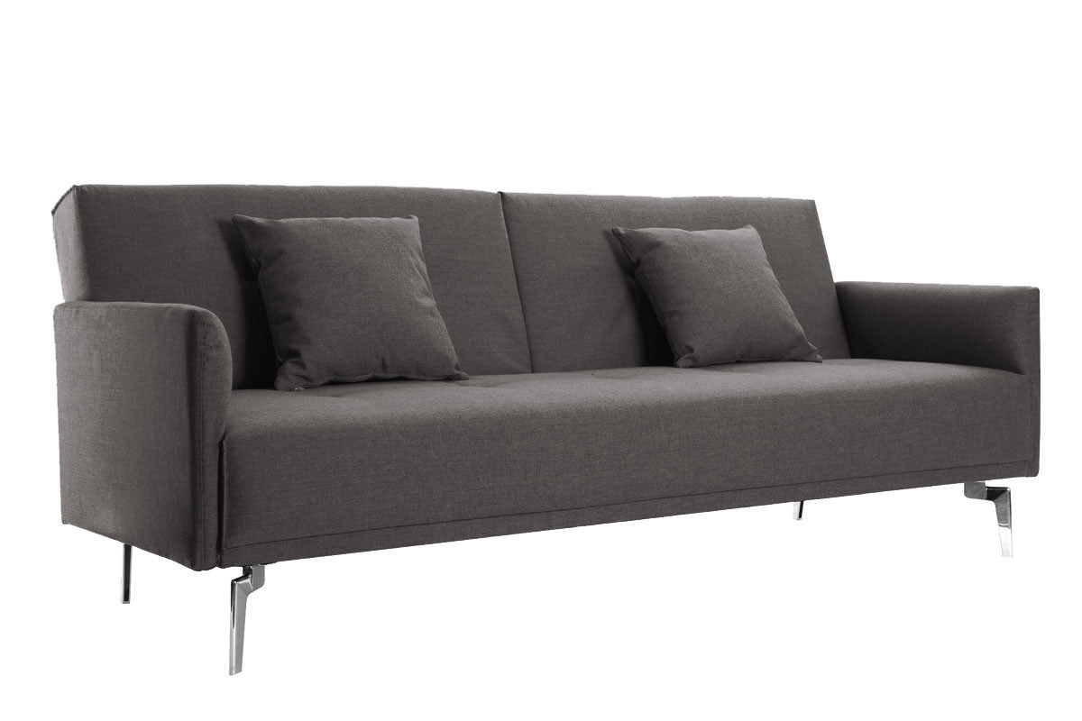 Canap� convertible design 3 places en tissu gris et acier chrom� ELIN