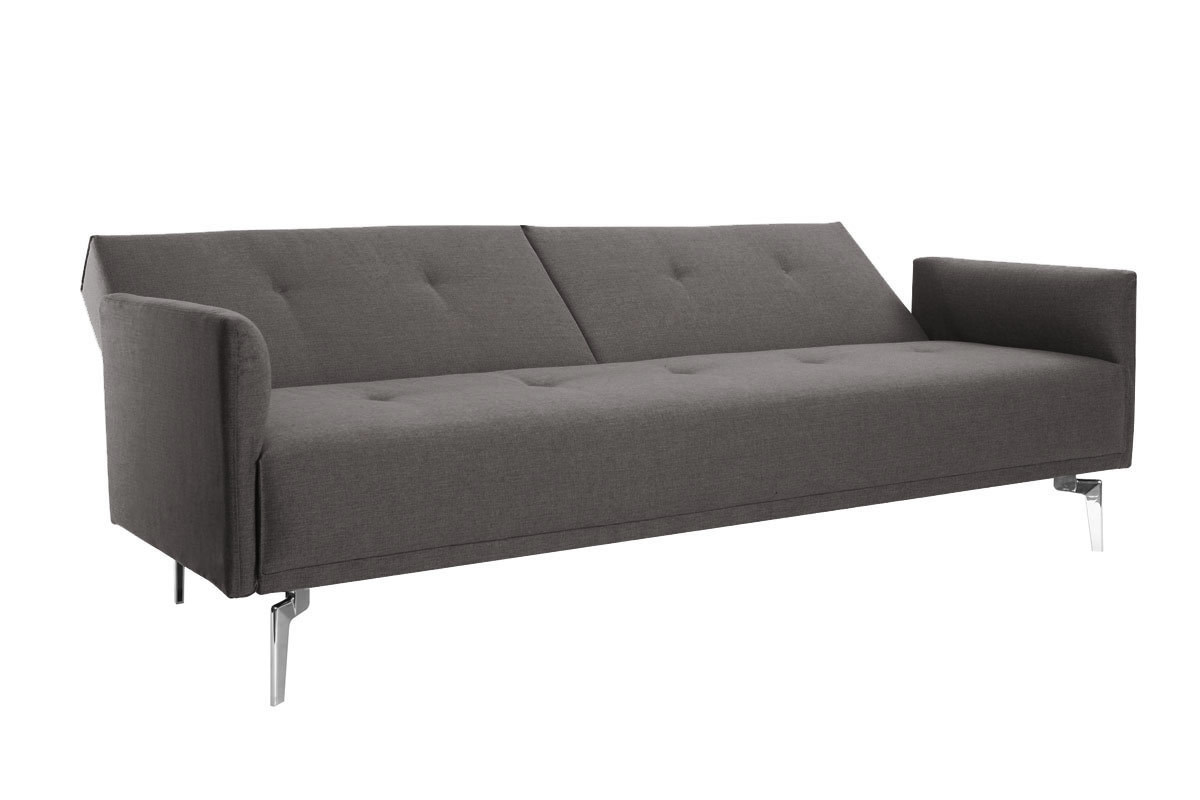 Canap� convertible design 3 places en tissu gris et acier chrom� ELIN