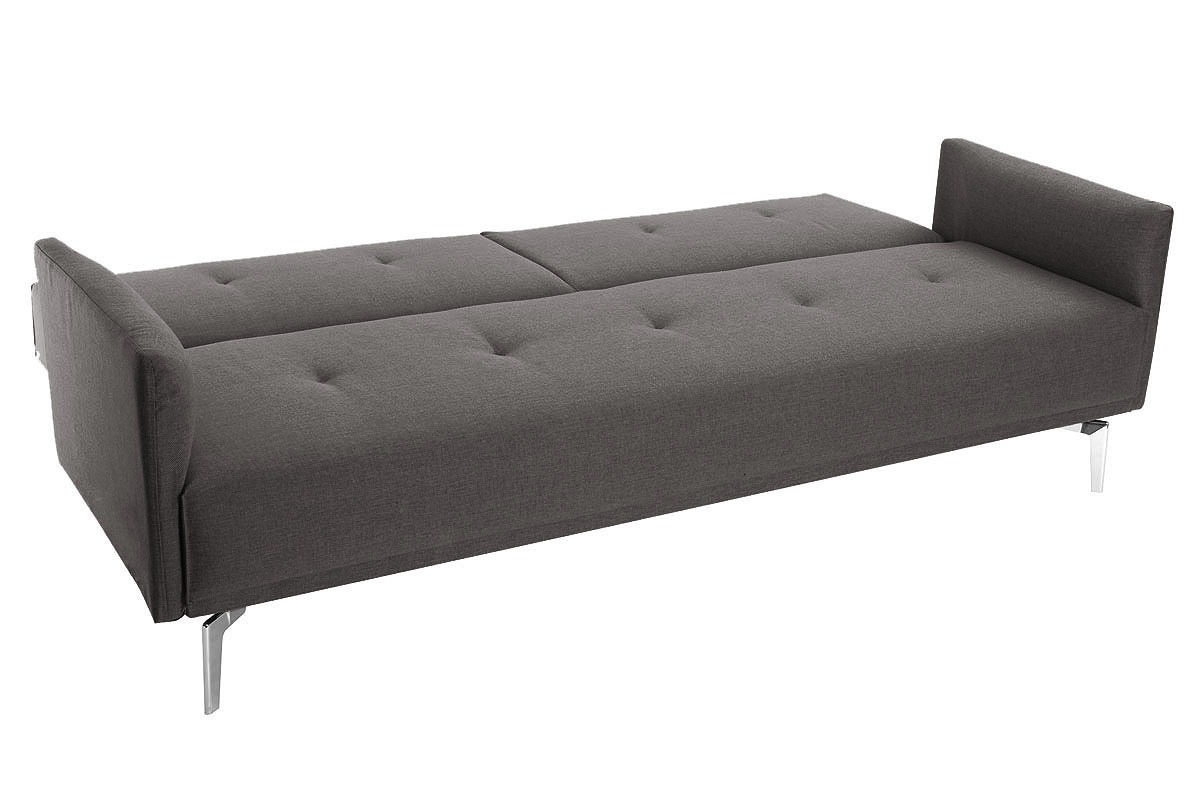 Canap� convertible design 3 places en tissu gris et acier chrom� ELIN