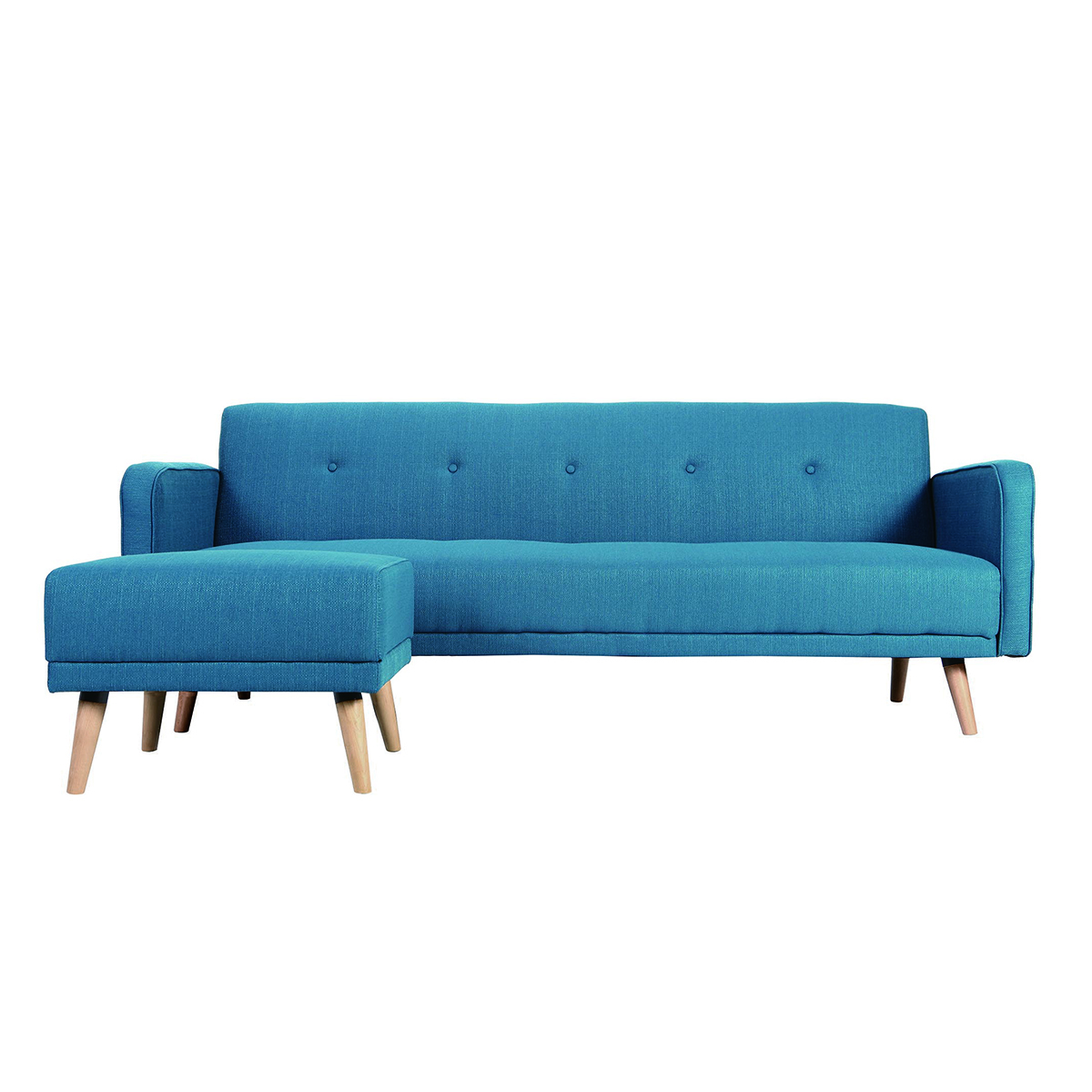 Canapé convertible scandinave 3 places avec repose-pieds en tissu bleu canard et bois clair ULLA