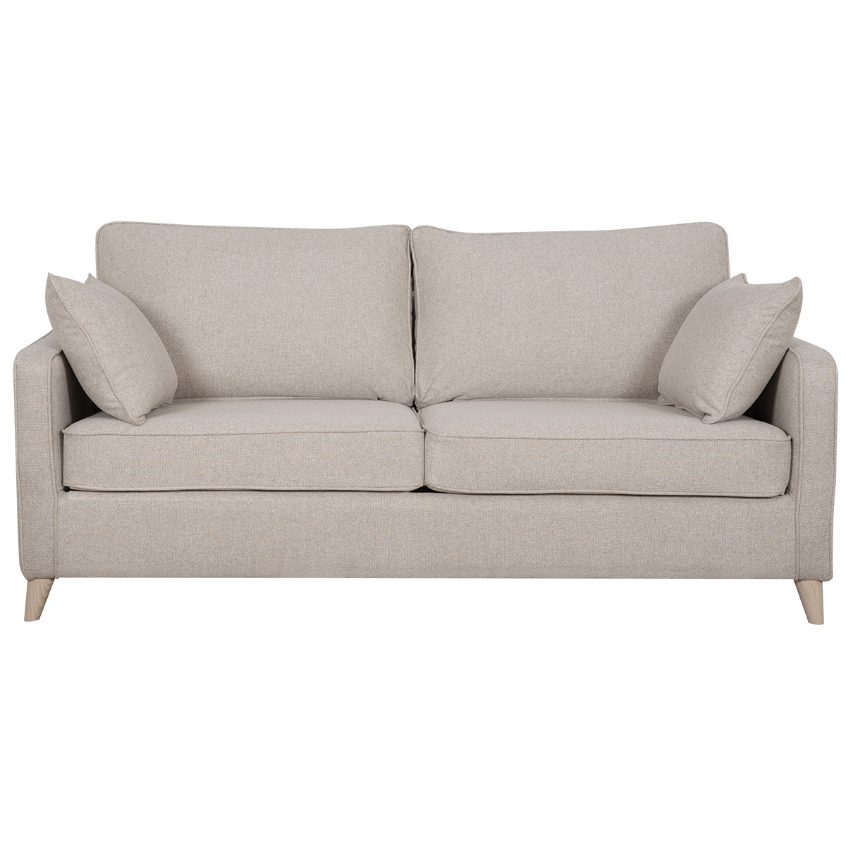 Canapé convertible scandinave 3 places en tissu beige et bois clair avec matelas 10 cm PAPEL Canapé convertible scandinave 3 places en tissu beige et bois clair avec matelas 10 cm PAPEL