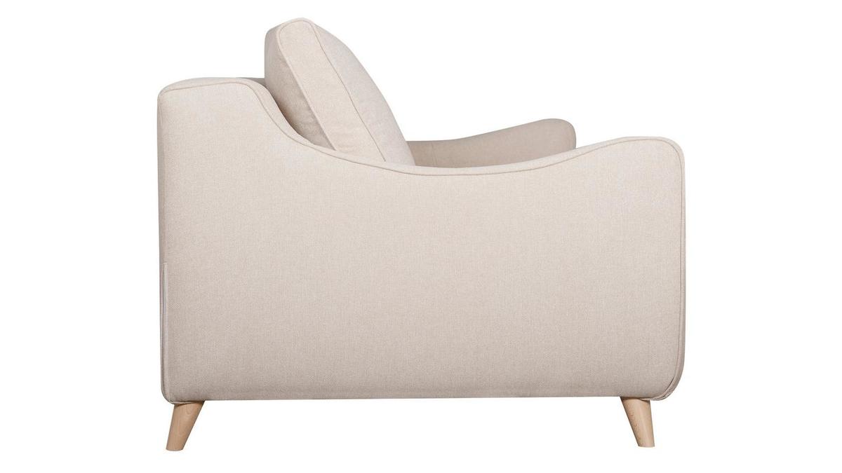 Canapé convertible scandinave 3 places en tissu beige et bois clair avec matelas 10 cm VENDOME