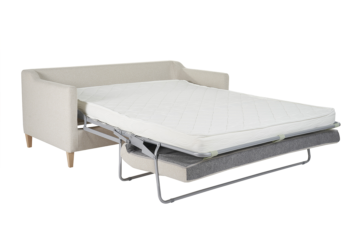 Canap� convertible scandinave 3 places en tissu beige et bois clair LOUISE