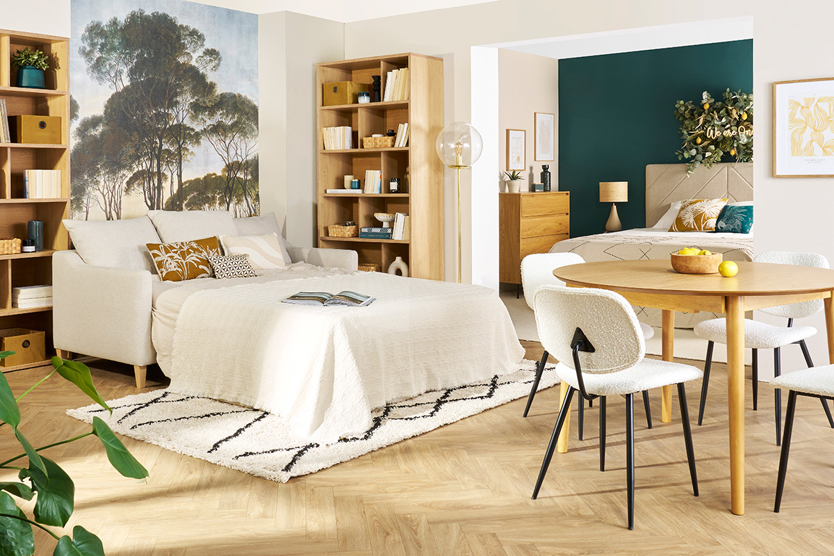Canap� convertible scandinave 3 places en tissu beige et bois clair LOUISE