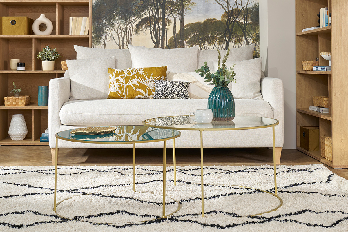 Canap� convertible scandinave 3 places en tissu beige et bois clair LOUISE