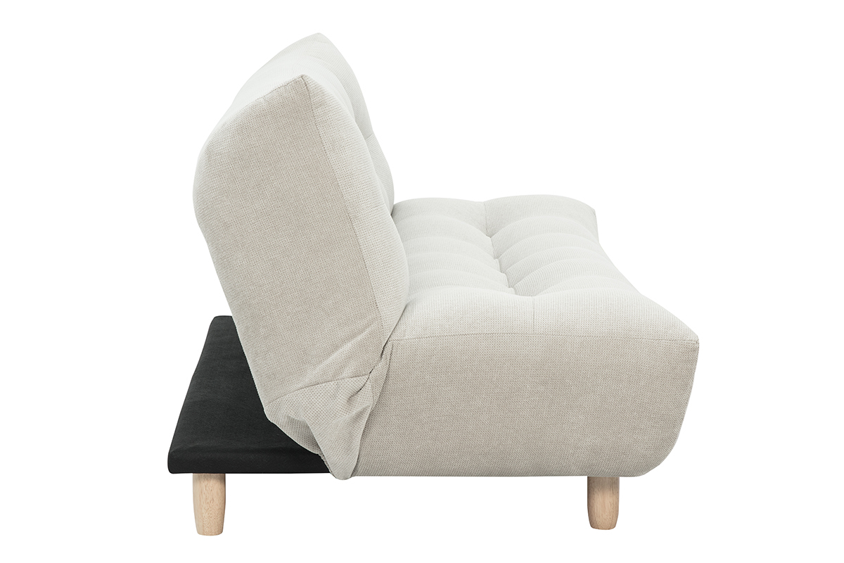 Canap� convertible scandinave 3 places beige en tissu, vue de profil, avec pieds en bois clair.