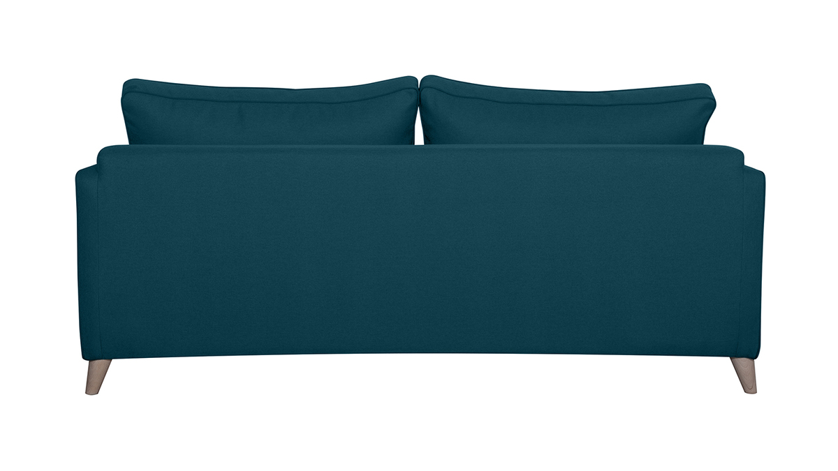 Canapé convertible scandinave 3 places en tissu bleu canard et bois clair avec matelas 10 cm PAPEL