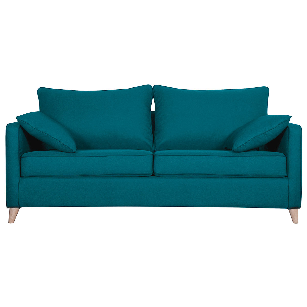 Canapé convertible scandinave 3 places en tissu bleu canard et bois clair avec matelas 10 cm PAPEL Canapé convertible scandinave 3 places en tissu bleu canard et bois clair avec matelas 10 cm PAPEL
